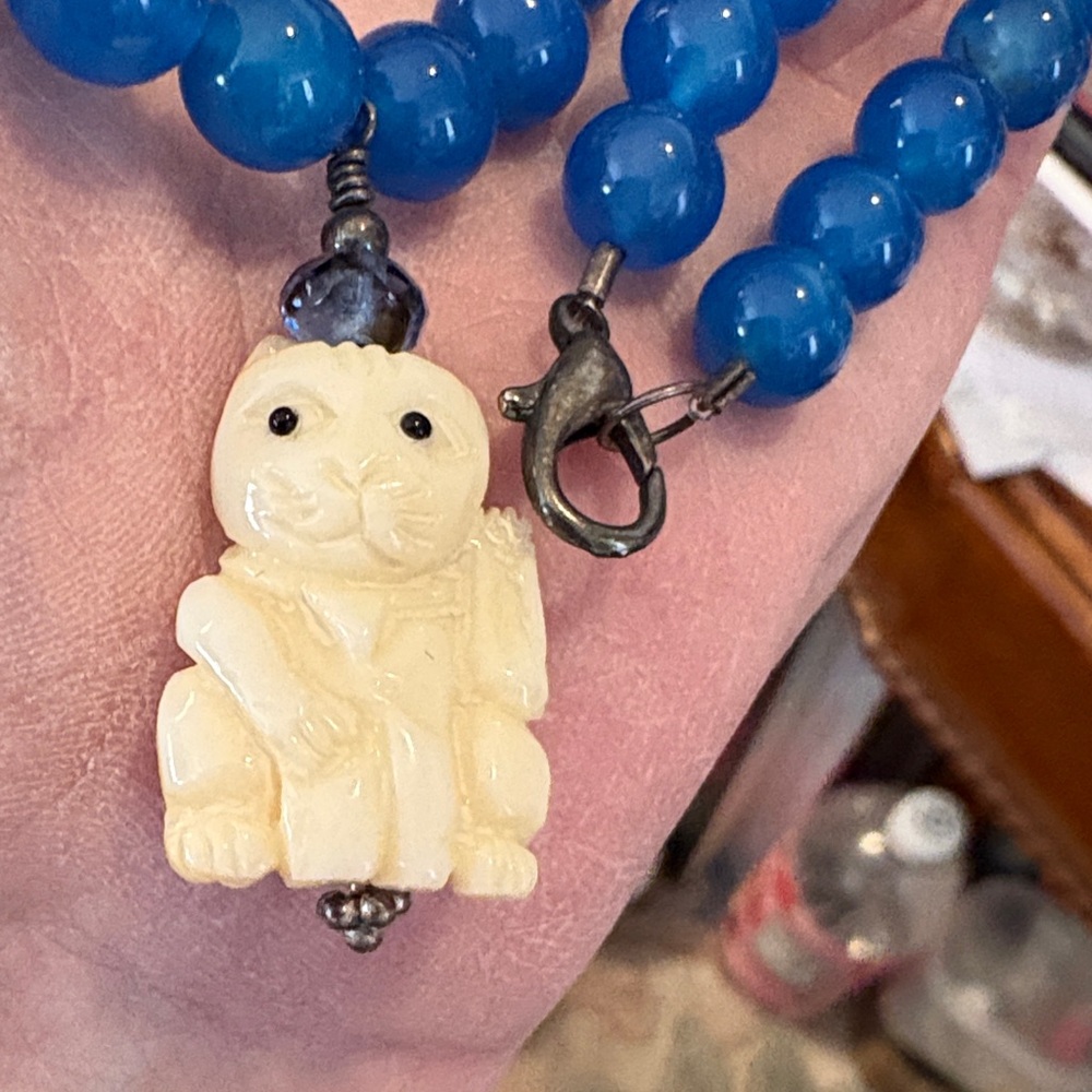 Lucky Cat Pendant on Blue Quartz and Crystal Necklace